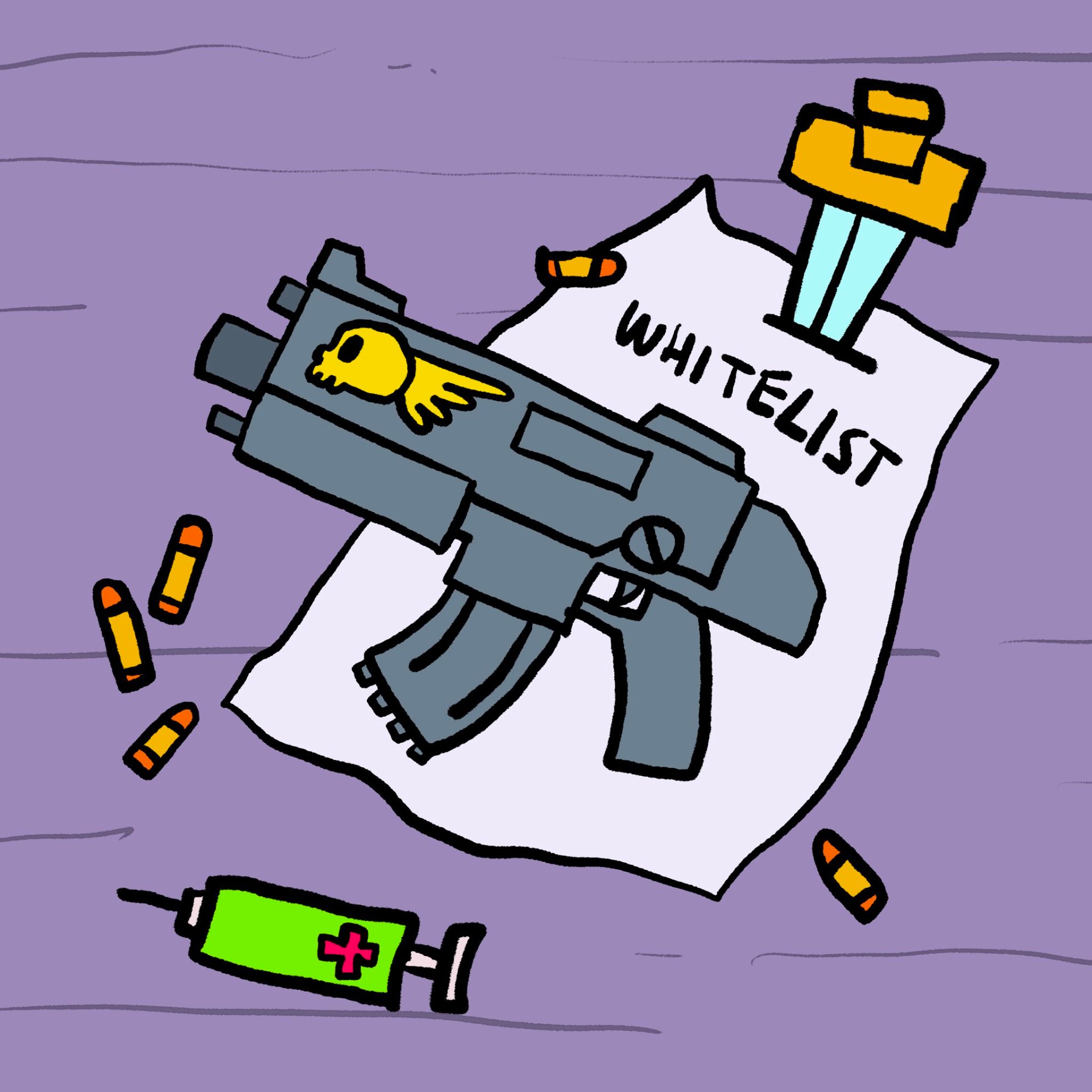 Rifle, whitelist paper and med pack